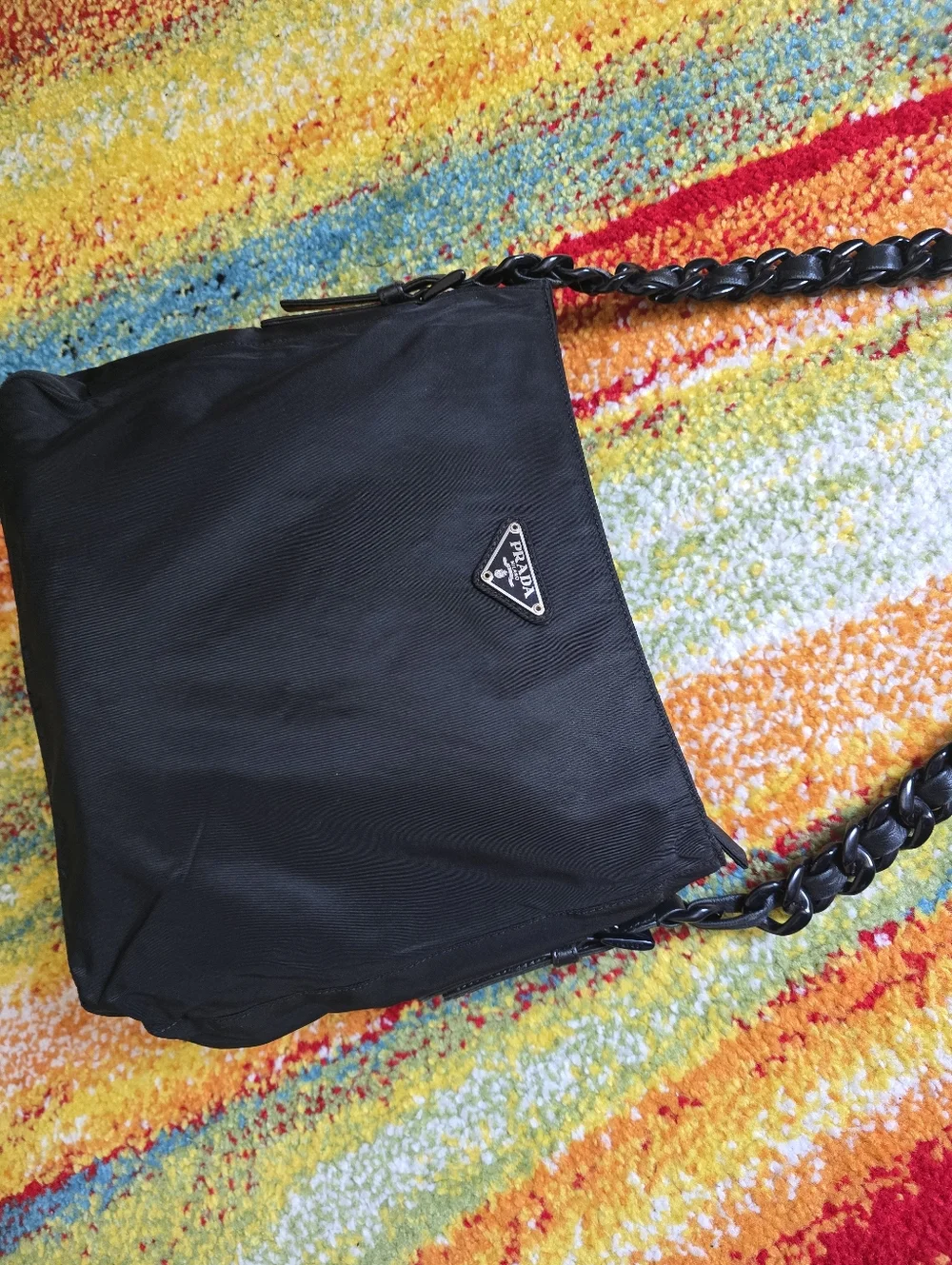 Authentic Prada Nylon Black Shoulder Bag with Braided Leather Chain Strap - Picture 7 of 16